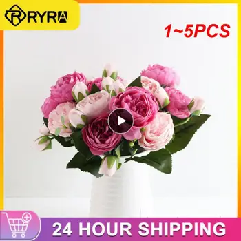 1 ~ 5ШТ 30 см Роза Розовый шелковый пион Букет искусственных цветов 5 больших головок и 4 бутона Дешевые искусственные цветы для домашнего свадебного украшения