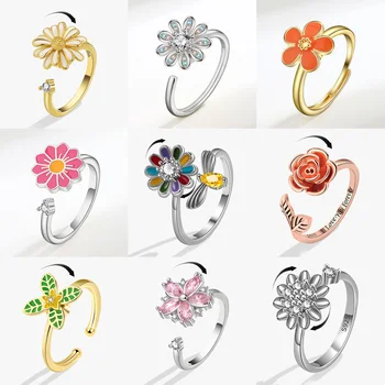 2023 Кольцо-вертушка, беспокойство для женщин, Вращающееся кольцо с несколькими хрустальными цветами, розами и маргаритками, Антистрессовые свадебные украшения