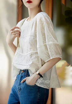 2023 Осенне-зимняя модная Новая женская одежда, белая рубашка с вышивкой 0905