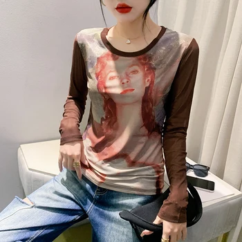 2023 Осенняя сетчатая футболка с сексуальным принтом в позе, футболки с круглым вырезом и длинным рукавом, женская уличная одежда, рубашки Harajuku