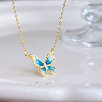 2023 Элегантное ожерелье-чокер с эмалевой бабочкой, Изысканное Позолоченное ожерелье с голубой бабочкой для женщин, ювелирные подарки
