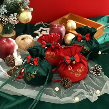 2024 Рождественский бархатный подарочный пакет в канун Рождества, Коробка яблок, шоколадных конфет, Новогодний карман на шнурке для малыша, Веселый Рождественский декор