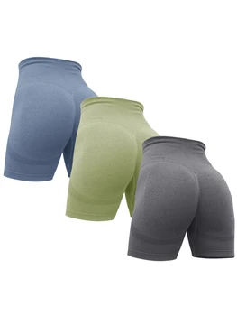 3 комплекта женских шорт для фитнеса и йоги с высокой талией, бесшовные складки для тренировок в тренажерном зале