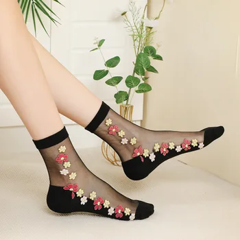 3 Пары женских хрустальных хлопчатобумажных носков Ice Silk, женские короткие носки с декоративными цветами, летние Дышащие Тонкие носки