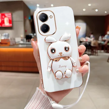 3d чехол для телефона с милым мультяшным кроликом для OPPO Realme C33 4G, покрытие с ремешком, роскошная складная подставка