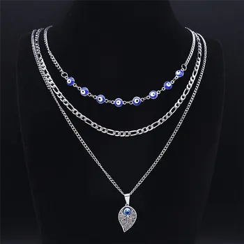 3ШТ Ожерелье из нержавеющей стали Цепочка для женщин Blue Turkey Eye Leave Charm Ожерелье Ювелирные изделия bijoux femme N1702S04