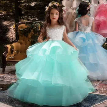 a + Элегантные платья для девочек-цветочниц с кружевной аппликацией, без рукавов, каскадные детские нарядные платья для свадеб, платья для Первого причастия