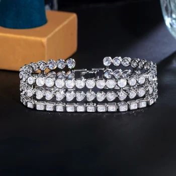 BeaQueen Широкий круглый браслет в форме влюбленного сердца с множеством кубических цирконов Роскошные свадебные украшения для новобрачных для помолвки женщин B267