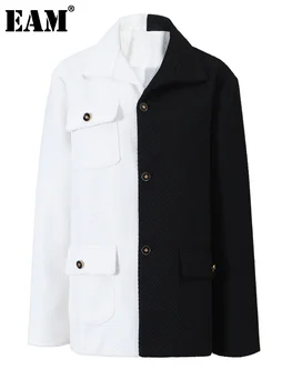 [EAM] Твидовый пиджак Свободного кроя Черного цвета с цветным блоком Большого Размера, Новое Женское Пальто С Отворотом И Длинным Рукавом, Модное Весенне-Осеннее 2023 1DF4370
