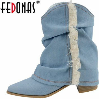 FEDONAS / женские джинсовые ботильоны на толстом каблуке с острым носком, осенне-зимние сапоги до колена, офисная женская модная женская обувь в складку.