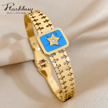 Flashbuy Винтажный синий камень Квадратная звезда Браслеты из нержавеющей стали Браслеты для женщин с покрытием из 18-каратного золота водонепроницаемые ювелирные изделия