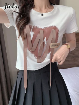Jielur, Новая белая женская футболка с принтом, Корейский топ с кисточками Love, Женские модные Милые футболки с круглым вырезом и прямым рукавом