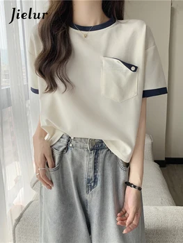 Jielur, новая однотонная женская футболка с коротким рукавом, Летняя Корейская мода, универсальный женский топ, Повседневные контрастные футболки с круглым вырезом.