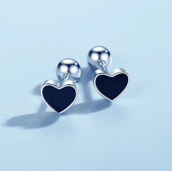 MEETSOFT, 1 штука, серебряные серьги-гвоздики Samll Black Heart из серебра 925 пробы, модные женские ювелирные изделия, минималистичные аксессуары