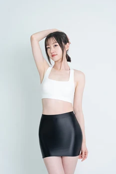 MJINM многоцветный глянцевый масляный блестящий сексуальный комплект, юбка в стиле хип-хоп, эластичная шелковистая профессиональная короткая юбка на половину тела