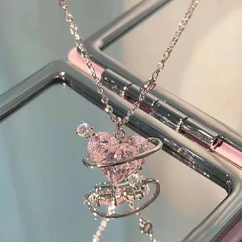 RUIGE Fashion Розовое ожерелье с цирконом в виде сердца планеты, женское очаровательное эстетичное ожерелье-цепочка на ключицу, подарок на День Святого Валентина, ювелирные изделия для вечеринок