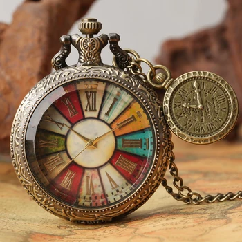 Sdotter Ретро Бронзовый Цветной циферблат с римскими цифрами, кварцевые Карманные часы с цепочкой для ожерелья, подвеска для отдыха, Подарок, мужской Cloc