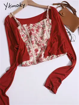 Yitimoky Цветочный Комплект из 2 предметов для Женщин 2023, Модный Красный Кардиган во Французском Стиле С Длинным Рукавом, Элегантный Укороченный Топ на бретельках Y2k