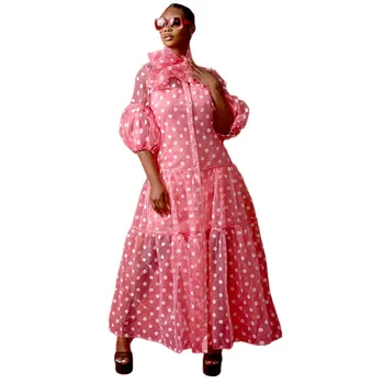 Африканские платья для женщин, летние Африканские женские платья с рукавом-фонариком из полиэстера, Розовое Черное длинное платье, платье Макси, Африканская одежда