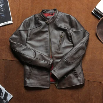 Бесплатная доставка Куртка из натуральной кожи из воловьей кожи, винтажная мотоциклетная одежда для верховой езды
