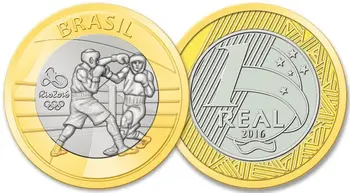 Бокс Бразилия 2016 Игры в Рио-де-Жанейро Памятная монета 1 риал Биметаллический Новый Z Оригинал