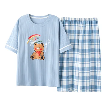 Большие размеры M-5XL, Летние женские пижамные комплекты, трикотажные хлопчатобумажные свободные пижамы, пижамы с милыми мультяшными короткими рукавами
