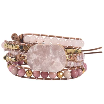 Браслет из натурального камня, Розовый кварц, Кожаные браслеты для женщин, Розовые драгоценные камни, Хрустальные бусины, ювелирные изделия