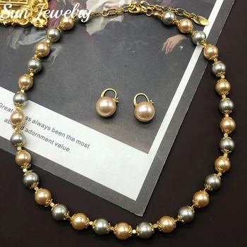Винтажное жемчужное ожерелье серого золотого цвета, серьги, простое однослойное стеклянное жемчужное ожерелье в стиле Хепберн, роскошные ювелирные изделия для женщин