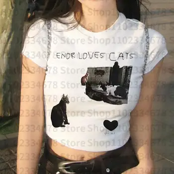 Винтажные женские укороченные топы в стиле панк, уличная одежда для стройных девочек в стиле эмо, эстетичная детская футболка с кошачьим принтом, гранжевые укороченные топы, одежда Y2k в готическом стиле 
