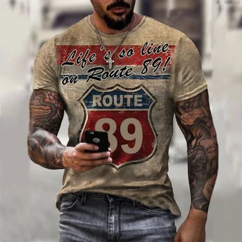 Винтажные мужские футболки, топы, футболки с буквенным принтом America Route 66, одежда оверсайз, Летние Модные футболки с коротким рукавом и круглым вырезом