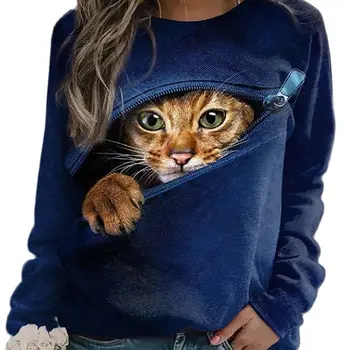 Горячая новинка 2023 года, милая кошечка с 3D цифровой печатью, женская футболка с круглым вырезом и длинными рукавами, может быть изготовлена из детской одежды