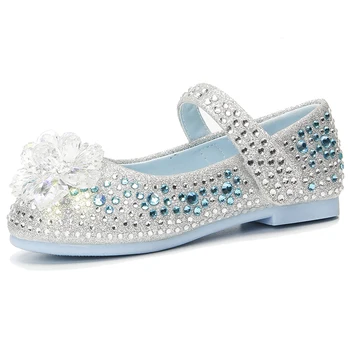 Детские туфли-лодочки для подружек невесты, Блестящие туфли принцессы со стразами, серебристо-голубые туфли на плоской подошве для свадебной вечеринки, Детские туфли Мэри Джейн