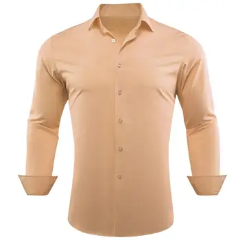 Дизайнерские рубашки для мужчин, однотонные шелковые мужские топы цвета бежевого шампанского с длинным рукавом, обычные облегающие блузки, дышащие Barry Wang