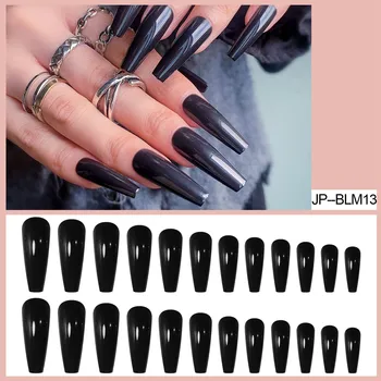 Длинные накладные ногти патч чисто черный 24 клавишей ногти готовой продукции для женщин с желе гравер советы акриловые ногти ясно