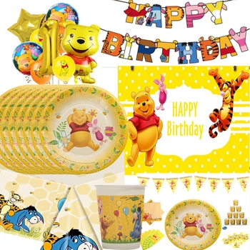 Желтое украшение для вечеринки в честь дня рождения с Винни-Пухом, Бумажная тарелка, Топпер для торта, баннер, воздушный шар с Пухом Для детей, принадлежности для вечеринки в честь дня рождения ребенка