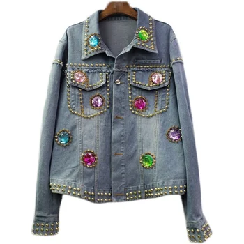 Женская весенняя Изысканная джинсовая куртка со стразами и заклепками, джинсовое пальто с бриллиантами, расшитое бисером, короткий ковбойский бомбер, кардиган со стразами, Chaquetas