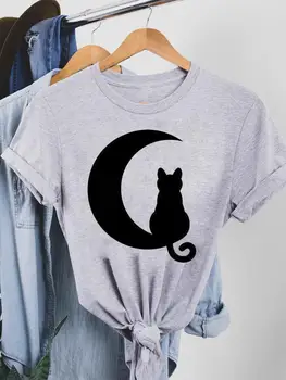 Женская Летняя футболка с графическим принтом 90-х, милая футболка, Модные повседневные футболки с коротким рукавом, Трендовая одежда в стиле домашних кошек