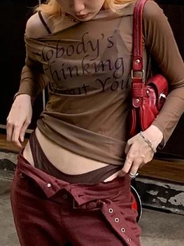 Женская сетчатая футболка с длинным рукавом и круглым вырезом и буквенным принтом, прозрачные топы, клубная одежда
