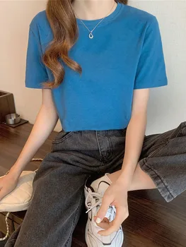 Женская футболка, Корейские свободные базовые топы с круглым вырезом, женские весенние бело-черные футболки