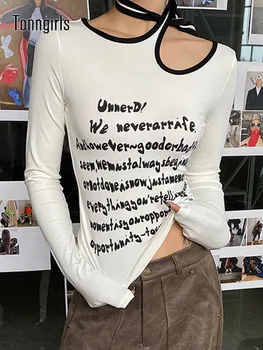 Женская футболка с готическим принтом Tonngirls, выдалбливают Y2k, эстетичные винтажные топы в стиле гранж, уличная одежда, повседневные футболки, Ретро 90-х, осень