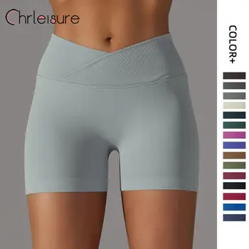 Женские бесшовные трикотажные шорты для йоги CHRLEISURE с перекрестной талией, пуш-ап, дышащие однотонные шорты для йоги, женские брюки для бега и фитнеса в рубчик
