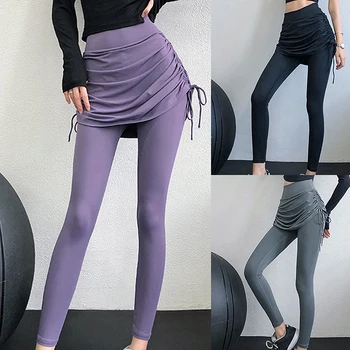Женские брюки-кюлоты для фитнеса 2023, эластичные поддельные штаны для йоги из двух частей, облегающие танцевальные спортивные брюки с высокой талией, облегающие бедра