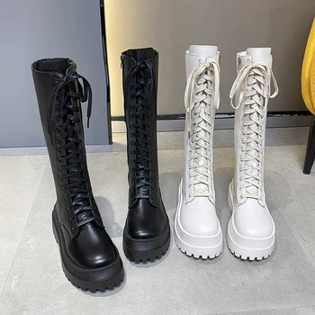 Женские высокие сапоги до колена, туфли на платформе, армейские мотоциклетные туфли на высоком каблуке с толстой подошвой, удобные и элегантные с круглым носком.