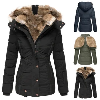 Женские осенне-зимние стеганые пальто, теплая однотонная плюшевая утолщенная куртка на пуговицах, длинный тренч, Ветрозащитная парка с капюшоном, пуховое хлопчатобумажное пальто