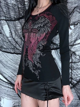 Женские тонкие готические топы Y2K, футболка в стиле гранж со стразами и перекрестным принтом, футболка с длинным рукавом и круглым вырезом, уличная одежда