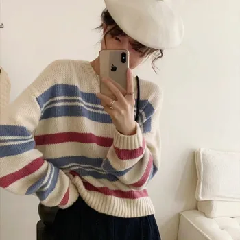 Женский трикотаж в разноцветную полоску 2023, Новый корейский стиль, круглый вырез, свободный универсальный пуловер с длинным рукавом, свитер