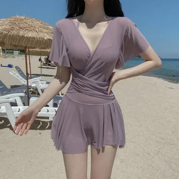 Женский цельный купальный костюм с коротким рукавом, корейский сетчатый облегающий однотонный купальник с V-образным вырезом, женский пляжный купальный костюм с рюшами