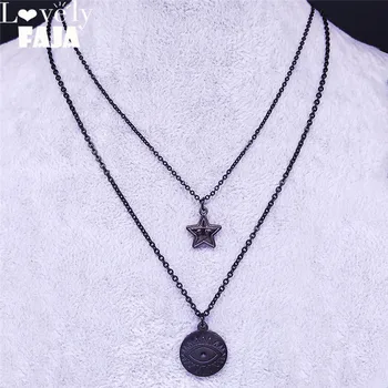 Исламское двухслойное ожерелье Star Eyes из нержавеющей стали, Женское ожерелье черного цвета, бижутерия bijoux femme NK48S03