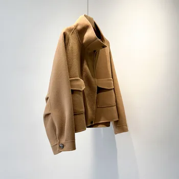 Кашемировое шерстяное пальто свободного кроя со стоячим воротником выходного дня, женское шерстяное короткое пальто