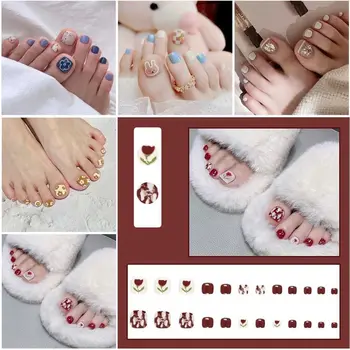 Квадратные короткие ногти на ногах для девочек, французские накладные ногти с полным покрытием, белый край